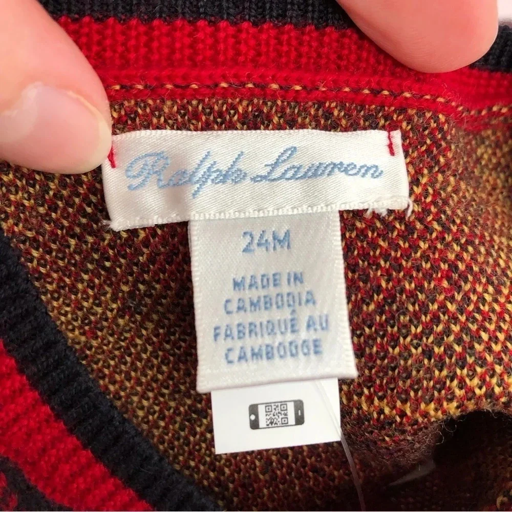 NWT Ralph Lauren Christmas sweater red tartan plaid cardigan 100% wool 24 months